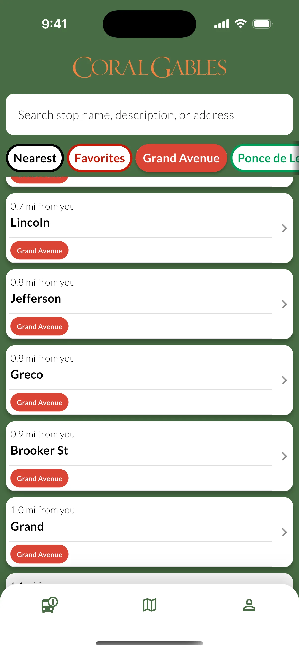 Pantalla con resultados de busqueda y filtros de ruta