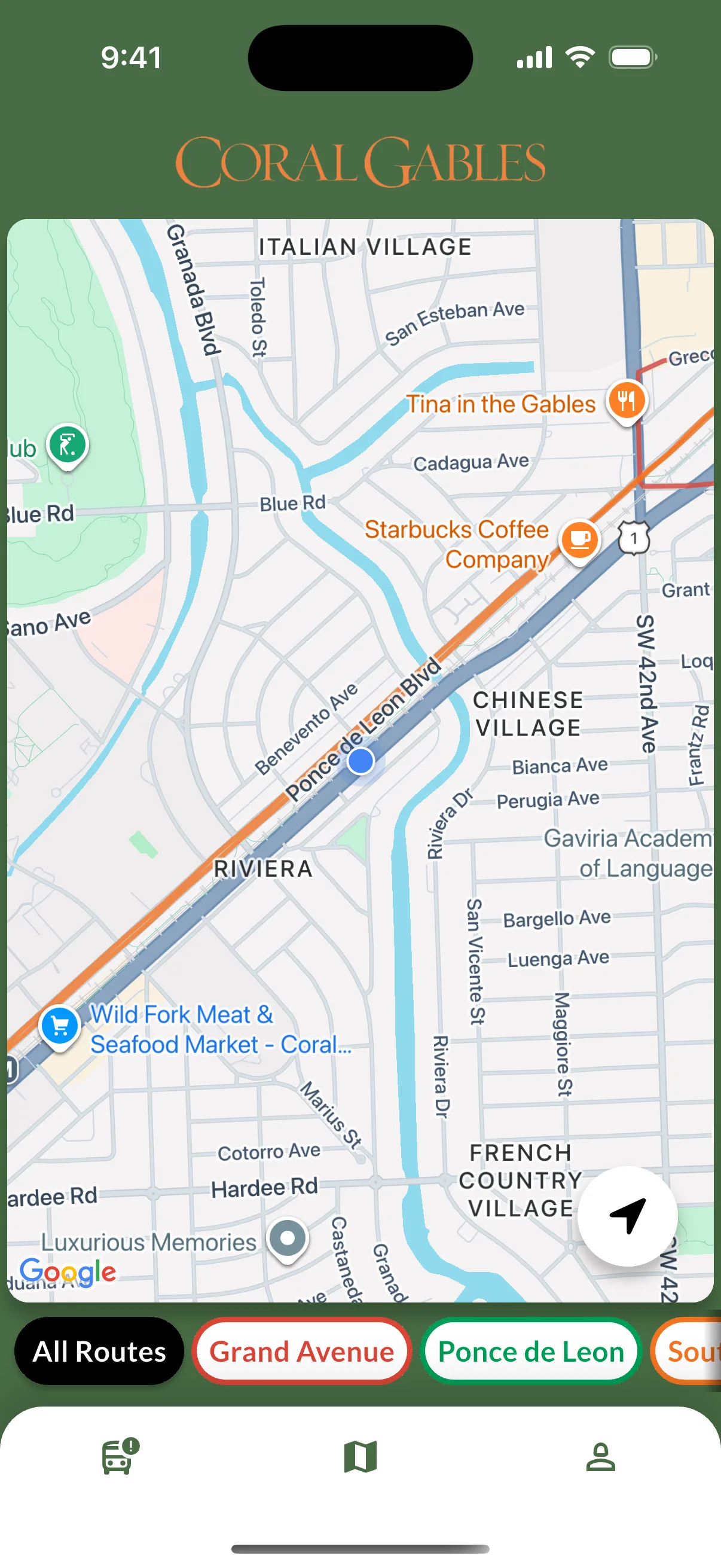 Mapa interactivo mostrando rutas y paradas en Coral Gables