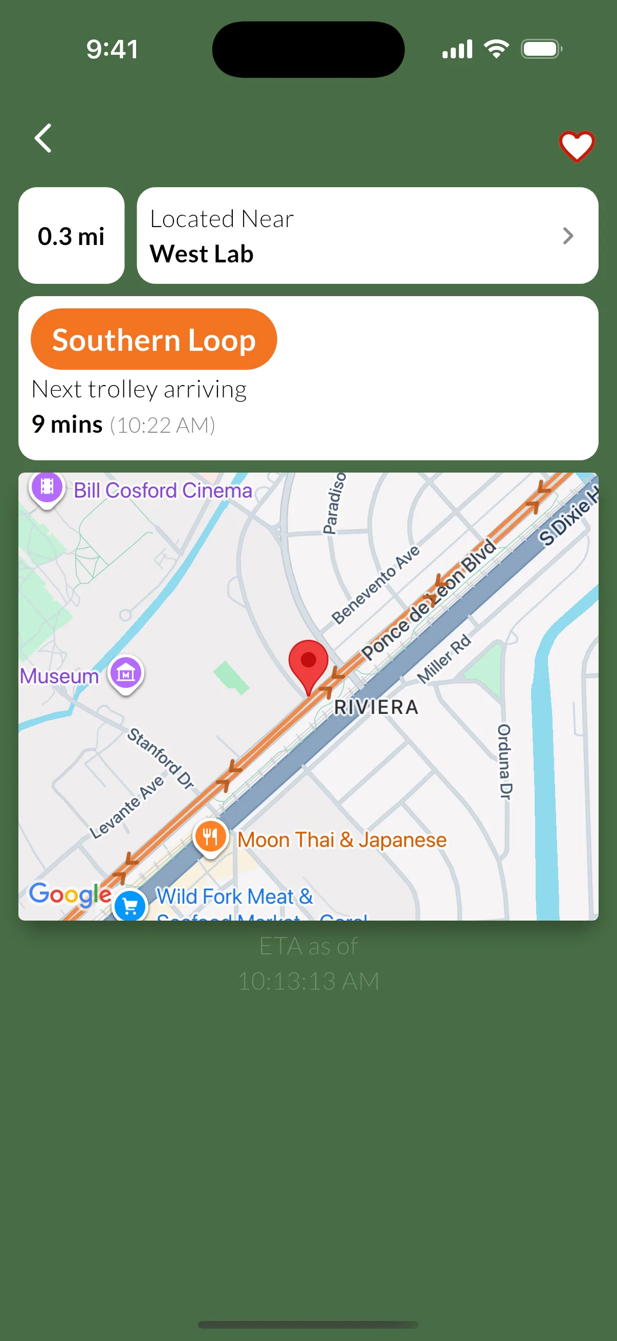 Stop details view showing live and scheduled arrival times for Coral Gables routes